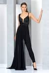 Buy_Eli Bitton_Black 60% Rayon Embroidered Bead Work Sweetheart Neck Batel Draped Jumpsuit _at_Aza_Fashions