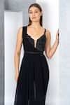 Eli Bitton_Black 60% Rayon Embroidered Bead Work Sweetheart Neck Batel Draped Jumpsuit _at_Aza_Fashions