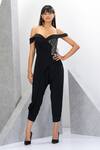 Eli Bitton_Black Polyester, Spandex Sequins Off-shoulder Off Embroidered Yoke Jumpsuit _Online_at_Aza_Fashions