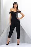 Buy_Eli Bitton_Black Polyester, Spandex Sequins Off-shoulder Off Embroidered Yoke Jumpsuit _Online_at_Aza_Fashions
