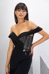 Shop_Eli Bitton_Black Polyester, Spandex Sequins Off-shoulder Off Embroidered Yoke Jumpsuit _Online_at_Aza_Fashions