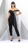 Buy_Eli Bitton_Black 97% Polyester Embroidered Bead And Chains Work Off Shoulder Draped Jumpsuit _at_Aza_Fashions