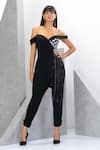 Eli Bitton_Black 97% Polyester Embroidered Bead And Chains Work Off Shoulder Draped Jumpsuit _Online_at_Aza_Fashions