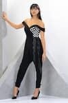 Buy_Eli Bitton_Black 97% Polyester Embroidered Bead And Chains Work Off Shoulder Draped Jumpsuit _Online_at_Aza_Fashions