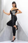 Shop_Eli Bitton_Black 97% Polyester Embroidered Bead And Chains Work Off Shoulder Draped Jumpsuit _Online_at_Aza_Fashions