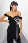 Eli Bitton_Black 97% Polyester Embroidered Bead And Chains Work Off Shoulder Draped Jumpsuit _at_Aza_Fashions