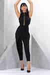 Eli Bitton_Black 97% Polyester Embroidered Bead And Cut Dana Work High Neck Panelled Jumpsuit _Online_at_Aza_Fashions