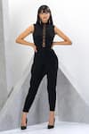 Buy_Eli Bitton_Black 97% Polyester Embroidered Bead And Cut Dana Work High Neck Panelled Jumpsuit _Online_at_Aza_Fashions