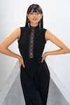 Shop_Eli Bitton_Black 97% Polyester Embroidered Bead And Cut Dana Work High Neck Panelled Jumpsuit _Online_at_Aza_Fashions