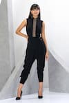 Buy_Eli Bitton_Black 97% Polyester Embroidered Bead And Cut Dana Work High Neck Draped Jumpsuit _at_Aza_Fashions