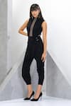 Shop_Eli Bitton_Black 97% Polyester Embroidered Bead And Cut Dana Work High Neck Draped Jumpsuit _at_Aza_Fashions