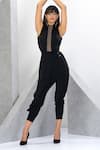 Eli Bitton_Black 97% Polyester Embroidered Bead And Cut Dana Work High Neck Draped Jumpsuit _Online_at_Aza_Fashions