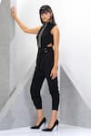 Buy_Eli Bitton_Black 97% Polyester Embroidered Bead And Cut Dana Work High Neck Draped Jumpsuit _Online_at_Aza_Fashions