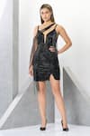 Buy_Eli Bitton_Black Polyester Net Embroidered Sequins Sweetheart Neck Short Dress With Cape _at_Aza_Fashions