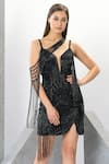 Eli Bitton_Black Polyester Net Embroidered Sequins Sweetheart Neck Short Dress With Cape _at_Aza_Fashions