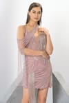 Eli Bitton_Pink Polyester Sequins, Crystals, Fringe Short Dress With Jewelled Cape _at_Aza_Fashions