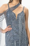 Eli Bitton_Blue Polyester Net Embroidered Sequins Sweetheart Short Dress With Jewelled Cape _Online_at_Aza_Fashions