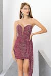 Eli Bitton_Fuchsia Polyester Net Embroidered Sequins Sweetheart Neck Work Short Dress _at_Aza_Fashions