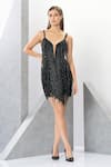 Eli Bitton_Black Polyester, Net Sequins, Fringe, Crystals Sweetheart Neck Designer Dress _Online_at_Aza_Fashions