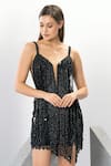 Eli Bitton_Black Polyester, Net Sequins, Fringe, Crystals Sweetheart Neck Designer Dress _at_Aza_Fashions