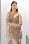 Eli Bitton_Peach Polyester Sequins, Fringe Sweetheart Galita Embroidered Dress With Cape _at_Aza_Fashions