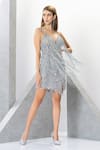 Buy_Eli Bitton_Silver Polyester Net Embroidered Sequins Galita Short Dress With Cape _Online_at_Aza_Fashions