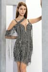 Shop_Eli Bitton_Black Polyester, Lycra Sequins, Fringe Galita Dress With Jewelled Cape _Online_at_Aza_Fashions