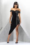 Buy_Eli Bitton_Black Net, Polyester One Shoulder Chain Fringes Asymmetric Dress _at_Aza_Fashions
