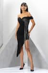 Eli Bitton_Black Net, Polyester One Shoulder Chain Fringes Asymmetric Dress _Online_at_Aza_Fashions