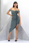Buy_Eli Bitton_Green Net, Polyester One Shoulder Chain Fringes Embroidered Asymmetric Dress _at_Aza_Fashions