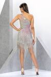 Shop_Eli Bitton_Silver Polyester, Lycra Sequins, Crystals One Shoulder Oxana Embroidered Dress _at_Aza_Fashions