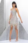 Buy_Eli Bitton_Silver Polyester, Lycra Sequins, Crystals One Shoulder Oxana Embroidered Dress _Online_at_Aza_Fashions