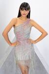 Eli Bitton_Silver Polyester, Lycra Sequins, Crystals One Shoulder Oxana Embroidered Dress _at_Aza_Fashions