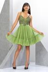 Buy_Eli Bitton_Green Polyester, Lycra Sequins, Crystals V-neck Embroidered Short Dress _at_Aza_Fashions