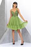 Eli Bitton_Green Polyester, Lycra Sequins, Crystals V-neck Embroidered Short Dress _Online_at_Aza_Fashions