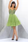 Buy_Eli Bitton_Green Polyester, Lycra Sequins, Crystals V-neck Embroidered Short Dress _Online_at_Aza_Fashions