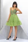 Shop_Eli Bitton_Green Polyester, Lycra Sequins, Crystals V-neck Embroidered Short Dress _Online_at_Aza_Fashions