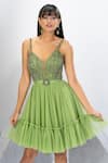 Eli Bitton_Green Polyester, Lycra Sequins, Crystals V-neck Embroidered Short Dress _at_Aza_Fashions