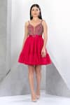 Buy_Eli Bitton_Fuchsia Polyester Net Embroidered Crystals Blunt V Neck Short Dress _Online_at_Aza_Fashions