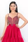 Eli Bitton_Fuchsia Polyester Net Embroidered Crystals Blunt V Neck Short Dress _at_Aza_Fashions