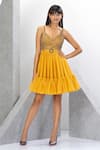 Buy_Eli Bitton_Yellow Polyester, Lycra Sequins, Crystals V-neck Embroidered Short Dress _at_Aza_Fashions