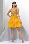 Eli Bitton_Yellow Polyester, Lycra Sequins, Crystals V-neck Embroidered Short Dress _Online_at_Aza_Fashions