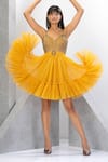 Buy_Eli Bitton_Yellow Polyester, Lycra Sequins, Crystals V-neck Embroidered Short Dress _Online_at_Aza_Fashions
