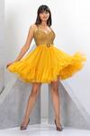 Shop_Eli Bitton_Yellow Polyester, Lycra Sequins, Crystals V-neck Embroidered Short Dress _Online_at_Aza_Fashions