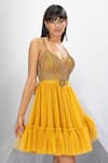Eli Bitton_Yellow Polyester, Lycra Sequins, Crystals V-neck Embroidered Short Dress _at_Aza_Fashions