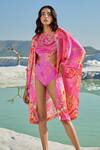Tizzi_Pink Chiffon Satin Print Abstract Sun And Floral Shoreline Cape _Online_at_Aza_Fashions