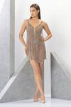 Buy_Eli Bitton_Peach Polyester Sequins, Fringe Sweetheart Galita Embroidered Dress With Cape _Online_at_Aza_Fashions
