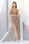 Buy_Eli Bitton_Peach Polyester Sequins, Fringe Sweetheart Galita Embroidered Dress With Cape _at_Aza_Fashions