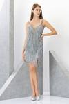 Eli Bitton_Silver Polyester Net Embroidered Sequins Galita Short Dress With Cape _Online_at_Aza_Fashions