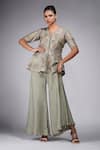 Buy_Shruti S_Green Silk Embroidery V-neck Peplum Kurta With Sharara _at_Aza_Fashions